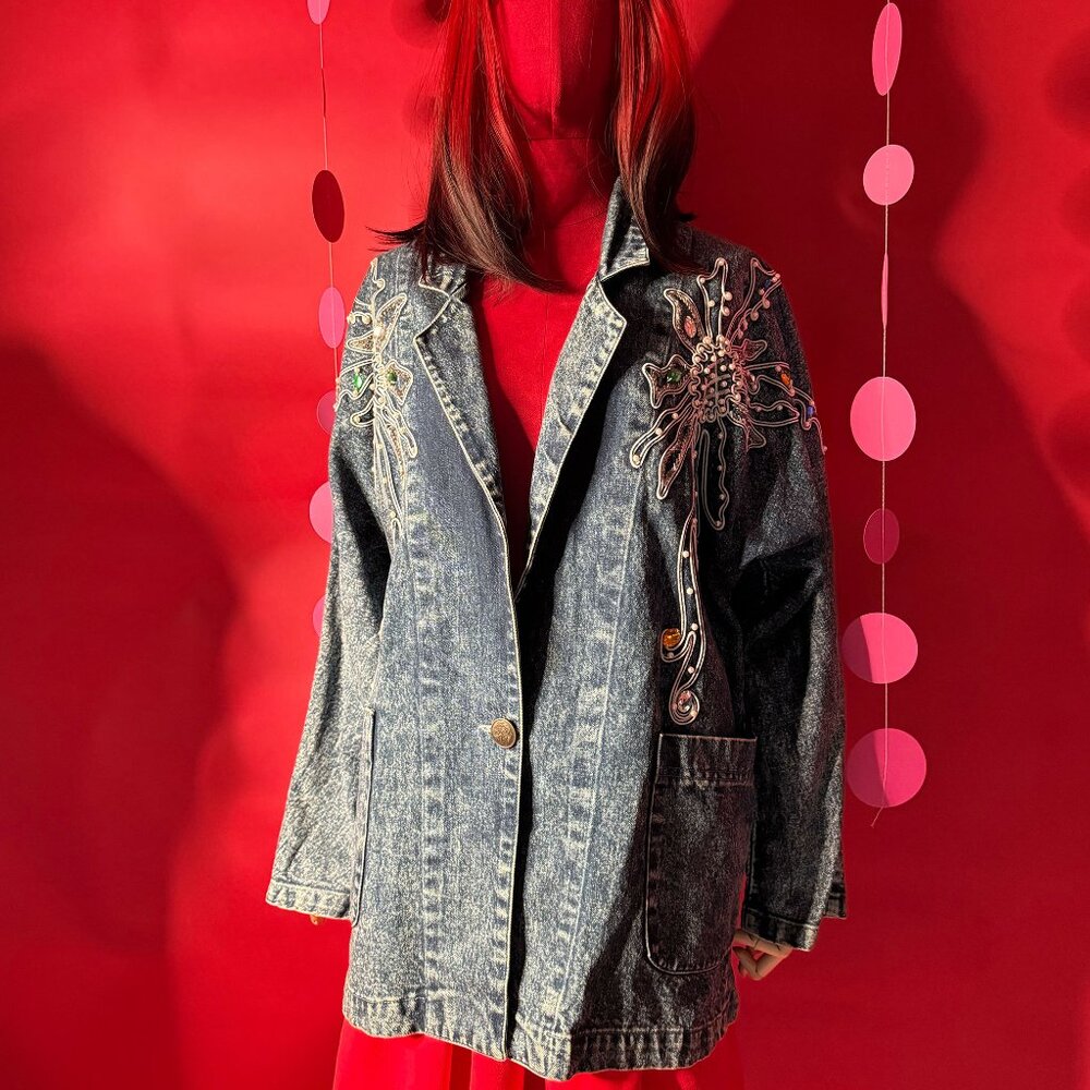 Vintage 1980s Denim Jacket with Beaded & Sequin Embroidery – Golden River Tae Ya